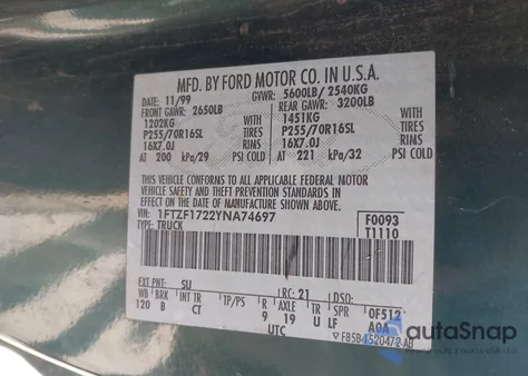 2000 Ford F-150 Work Series/Xl/Xlt из США, поврежденный, VIN 1FTZF1722YNA74697